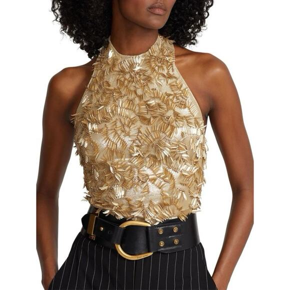 Ralph Lauren Purple Label Women's 8 Gold Annike Halter Embellished Blouse EUC - Picture 3 of 8